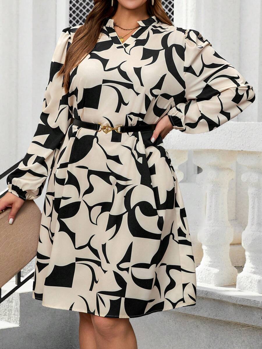 EMERY ROSE 大码女式优雅几何印花灯笼袖连衣裙，秋季 - 黑色 - 查看 1