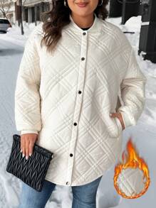 SHEIN LUNE Plus Size Button-Front Cardigan With Textured Diamond Pattern Design, Long Sleeve Winter Coats - Apricot - View 4