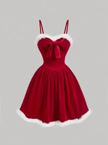 SHEIN MOD Fur Collar Bow Tie Midi Velvet Red Slip Dress ,Red Women Dresses,New Year Women Dress,Red Short Dress,Prom Dress,New Year Women Clothes,Dress With Bow,Princess Women Dress,Fairy Costume Dress - Red - View 1
