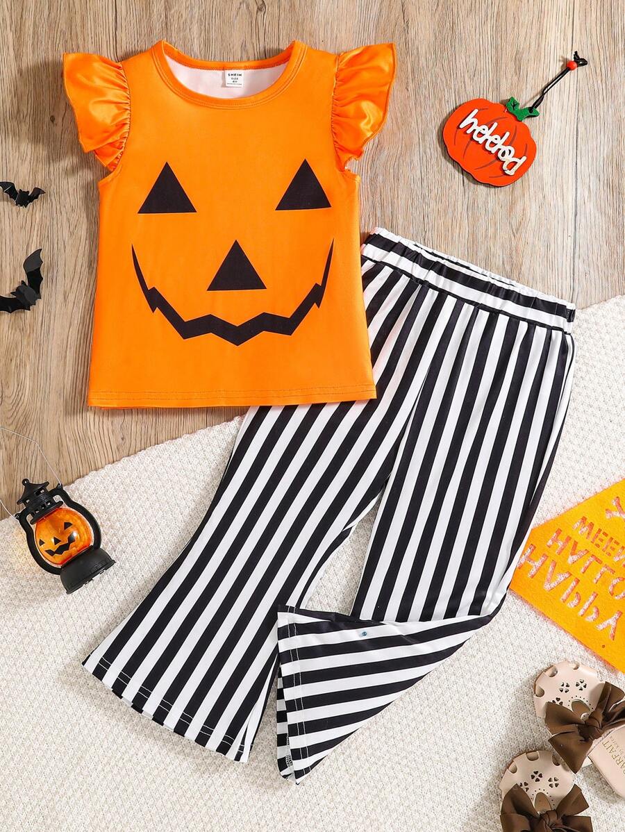 Set de 2 piezas con top de manga corta y pantalones a rayas con diseño de calabaza naranja de Halloween para niñas jóvenes - Naranja - Ver 1