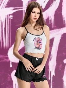 Winx Club X ROMWE Conjunto de pijama con top tipo camiseta corta con gráfico de letra de dibujos animados y shorts, con ribete de lechuga - Negro - Ver 6