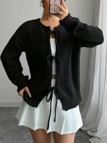 Chiquease Long Sleeve Cardigan With Tie Front Design - Black - View 5