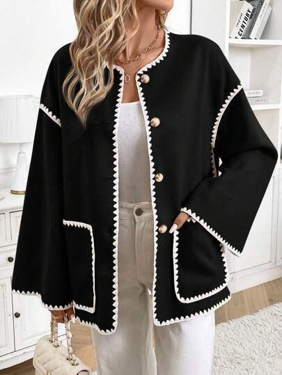 Serisse Women's Contrasting Trim Casual Button Front With Dual Pockets Jacket, Autumn Winter Black