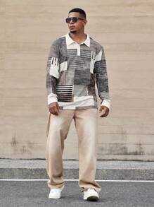 Manfinity Homme Camisa polo de manga larga con bloques de color y rayas de moda para hombres de talla grande, urbana para otoño