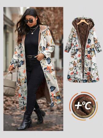 EMERY ROSE Plus Size Women Leaf Floral Print Long Sleeve Hooded Thick Fluffy LIned Longline Jacket Coat For Winter Clothes