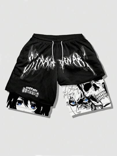 Anime Short de basketball en maille avec imprimé slogan 2 en 1 respirant, convient pour le port quotidien au printemps et en été, école
