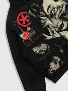 ROMWE MEN Anime Men's Letter & Graphic Print Long Sleeve Drawstring Hoodie, Fall - Black - View 3