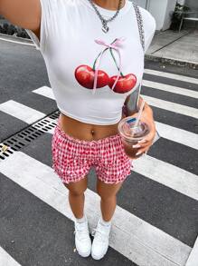 INAWLY 2 sztuki damskiej koszulki z krótkim rękawem i okrągłym dekoltem z nadrukiem wiśniowym oraz szorty w kratę, swobodny strój na lato