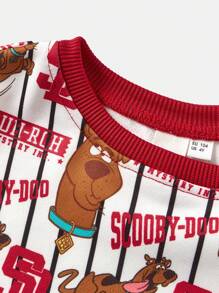 SCOOBY-DOO X SHEIN 2 件套年轻男孩卡通字母印花长袖运动衫和红色慢跑运动裤运动休闲装