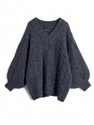 Rustia ウィメンズ プラスサイズ ソリッドカラー Vネック ケーブルニットセーター 冬用