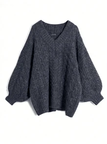 Rustia 女式大码纯色 V 领粗针织毛衣，冬季