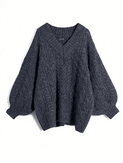 Rustia Women's Plus Size Solid Color V-Neck Cable Knit Sweater, Winter Knit Pullover Fall Outfit Autumn CASUAL