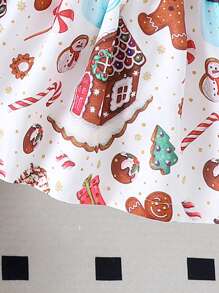 SHEIN 2pcs/Set Young Girls Christmas Ribbed T-Shirt And Cute Gingerbread House Print Suspender Skirt - Khaki - View 4