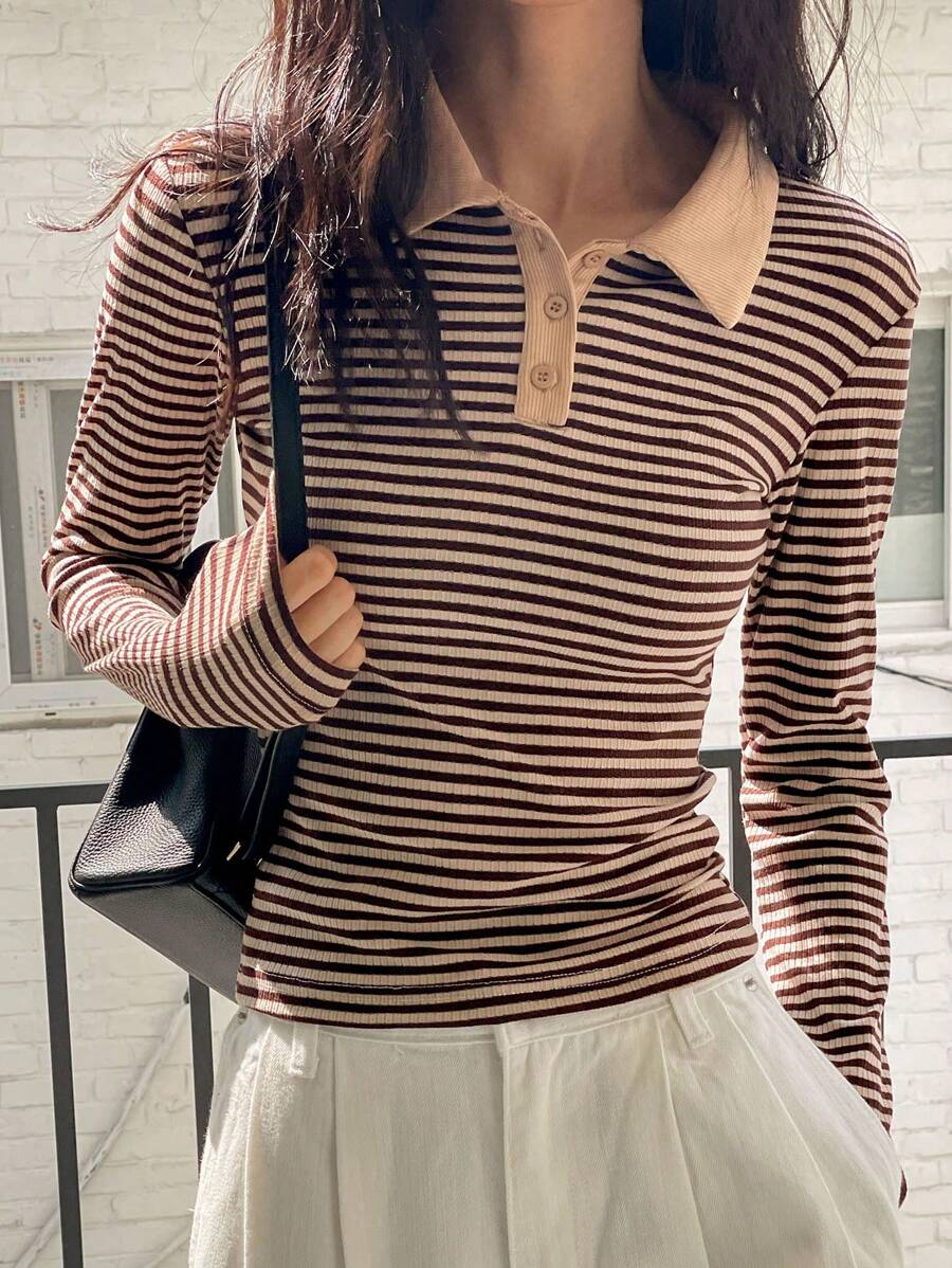 DAZY 女式条纹修身撞色 Polo 领 T 恤长袖女式上衣 - 卡其色 - 查看 1