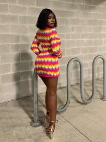 Zolique New Multicolor Contrast Color Sexy Bodycon Round Neck Long Sleeve Ruffle Hem Striped Sweater Dress Fall Cloth For Women - Multicolor - View 2