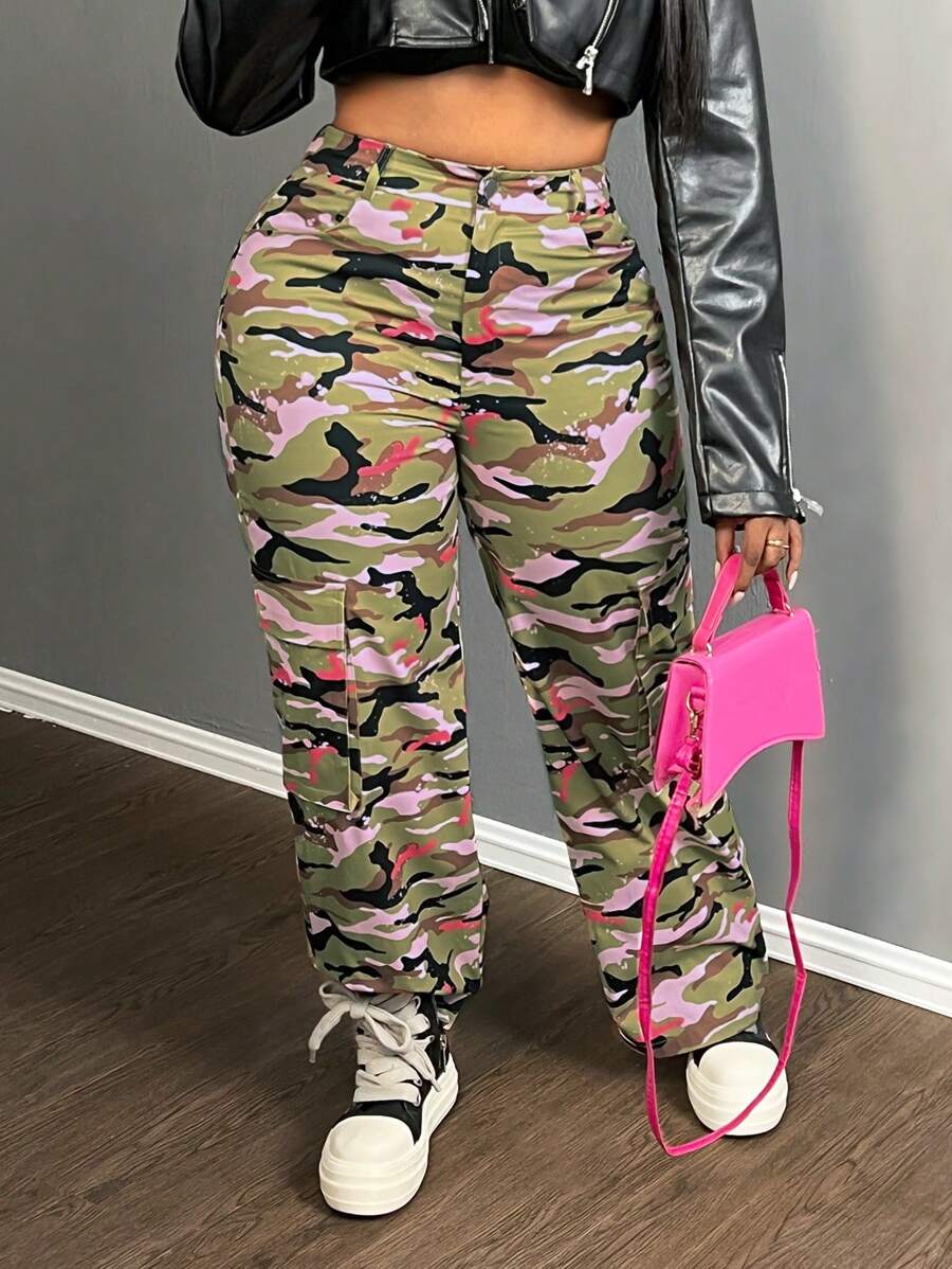 Slaydiva 女士实用迷彩印花梭织休闲裤 - 軍綠色 - 查看 1