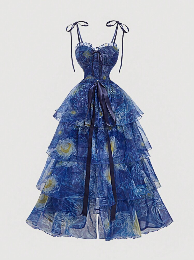 紫月夜　　ワンピース 大きいサイズ LL ワンピース マキシ丈 プリーツ ぽわん袖 絵画