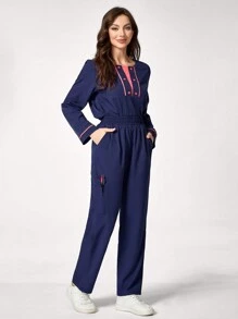 TaskEZ Women's Contrast Color Dual Pocket Long Sleeve Loose Top And Straight Leg Pants Scrub Uniform Set - Navy Blue - View 5