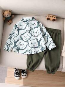 SHEIN 2 件套男婴/女婴可爱熊印花长袖衬衫和松紧腰绿色裤子套装，秋冬 - 彩色 - 查看 2