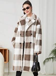 SHEIN Leap Crew 少女双面格子翻领超大蓬松外套 - 棕色 - 查看 2