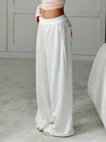 SHEIN EZwear 心形印花松紧腰口袋运动裤 - 白色 - 查看 6