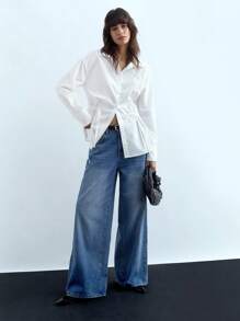 Maija Donna Camicetta Bianca con Bottoni, Applicazioni Ricamate, Chiusura con Fiocco, Maniche Lunghe Tinta Unita, Top Floreale Ampio