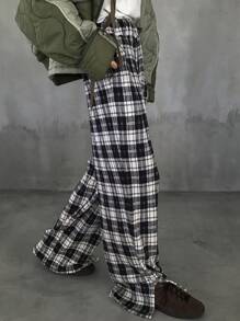 FRIFUL Women's Plaid Elastic Waist Casual Pants, Daily Wear - Black and White - View 1