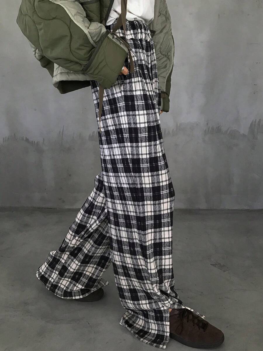 FRIFUL Women's Plaid Elastic Waist Casual Pants, Daily Wear - Black and White - View 1