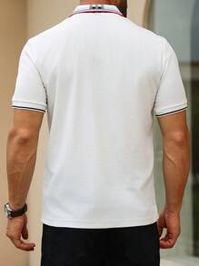 Manfinity CasualCool 男式格纹拼布骑士印花短袖 Polo 衫 - 白色 - 查看 2