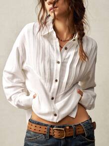 Bohemela Casual Solid Color Woven Relaxed Fit Turn-Down Collar Long Sleeve Blouse For Women - White - View 1