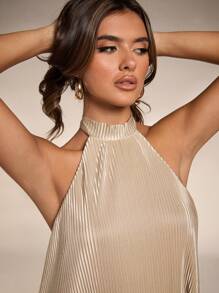 SHEIN BAE 女士纯色拉链无袖简约短款休闲连衣裙 - 卡其色 - 查看 3