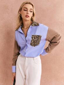 Poéselle Camisa casual de diario de mujer con bolsillo, manga larga, cierre frontal con botones, estampado de leopardo y bloques de color, ropa de mujer para otoño e invierno, de estilo chic sin esfuerzo, 24 FW