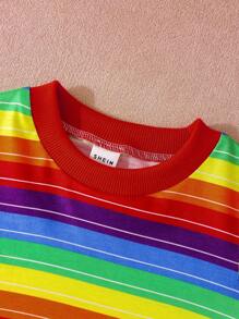 SHEIN Baby Boy Cute Colorblock Striped Crew Neck Top & Denim Embroidered Letter Overalls Set, Funny Cartoon ,Suitable Christmas Autumn/Winter - Multicolor - View 4