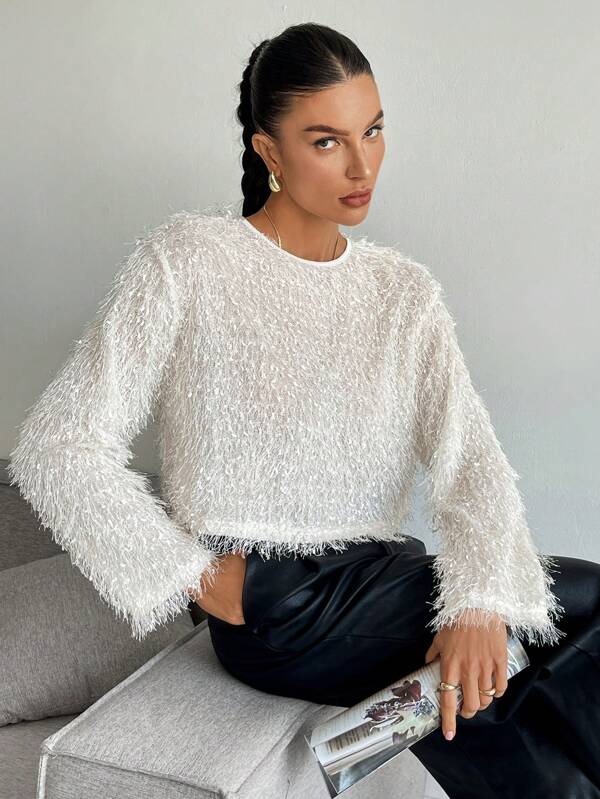 SHEIN Essnce Tricou cu mânecă lungă cu franjuri, cu gât rotund, pentru femei, la modă, toamnă, pulover bej, Crăciun, Ziua Recunoștinței, pulover de iarnă, pulover drăguț, pulover alb, pufos, fleece