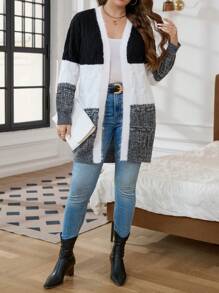 SHEIN LUNE Plus Size Colorblock Casual Long Sleeve Knit Cardigan