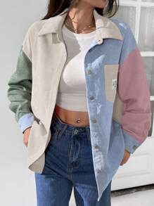 SHEIN EZwear 拼色落肩字母拼布灯芯绒大衣 - 杏色 - 查看 4