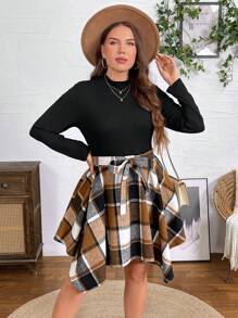 SHEIN LUNE Fall Women Dresses Plus Size Fall Women's Black Mock Neck Asymmetric Hem Plaid Fall Wedding Guest Dress - Multicolor - View 4