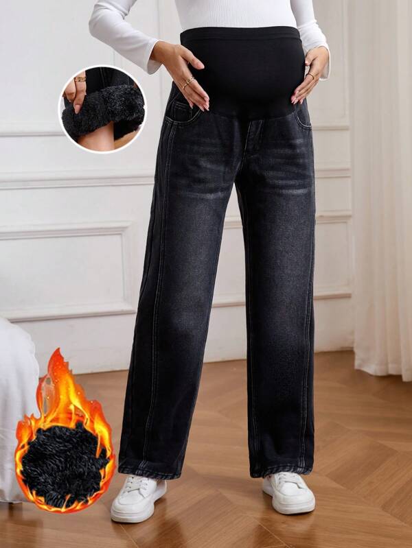 SHEIN Maternity Solid Color Patchwork Pocket Simple Jeans, Everyday Casual