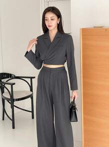 DAZY 2pcs Solid Color Short Blazer And Wide-Leg Pants Women's Suit Set