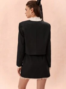 Enchnt Autumn Romantic Women's Black Cute Elegant Contrast Lace Flap Blazer And Pencil Skirt Suit Set,Two Pieces Outfits