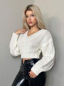 Sweetina Lapel Plunging V-Neck Functional Sporty Oversized White Sweater