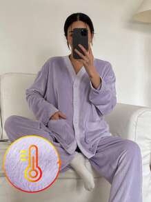 DAZY Minimalist Striped Textured Fleece Lounge Set, Thermal Lined, Fall Winter Clothes, Fluffy Cozy - Purple - View 1