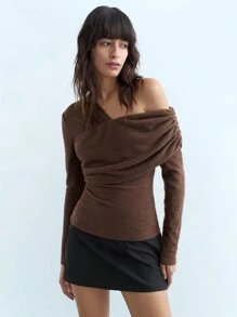Maija Áo thun nữ tay dài cổ lệch dáng ôm đơn giản, thanh lịch, màu trơn, thích hợp cho mùa thu, ngày lễ tình nhân, lãng mạn, thời trang, đa năng, phù hợp cho kỳ nghỉ hè, thoải mái, phong cách bohemian, mặc đi biển. - Cà phê nâu - Xem 4
