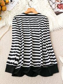 Franclia Black & White Minimalist Stripe Splice Notched Neck Long Sleeve Sweatshirt Pullover Fall Sweatshirt - Black and White - View 2