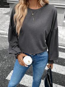 SHEIN LUNE Women's Casual Home T-Shirt With Ruff Led Lantern Sleeves, Apricot Color Round Neck, For Winter New Years - Grey - View 4