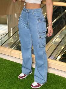 Stylish Vintage Chic Y2K Cargo Pants - High-Waisted, Wide-Leg, Pocketed, Comfortable, Casual, Street-Stylish Denim Trousers For The Curvaceous Woman - Rửa nhẹ - Xem 7