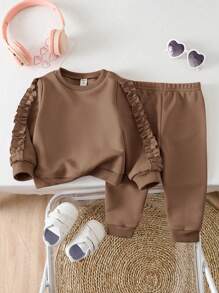 Conjunto de sudadera y pantalones de unicolor con volantes en el bajo para bebé niña, otoño e invierno - Marrón - Ver 1