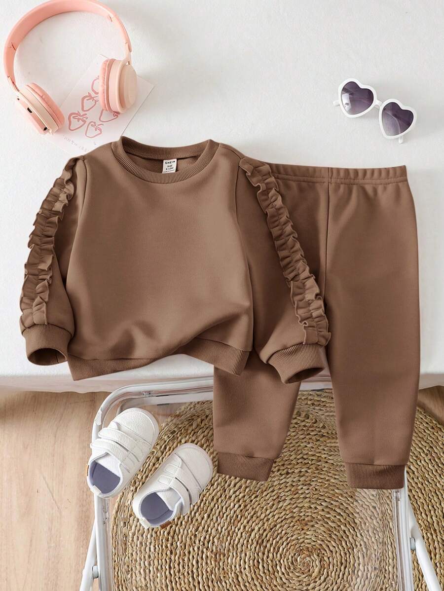 Conjunto de sudadera y pantalones de unicolor con volantes en el bajo para bebé niña, otoño e invierno - Marrón - Ver 1