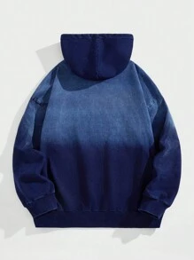 Manfinity EMRG Men's Navy Blue Knitted Denim Loose Fit Dropped Shoulder Letter Print Casual Blue Hoodie Sweatshirt - Dark Wash - View 2