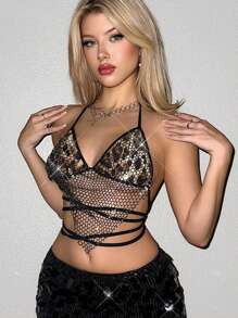 SHEIN Sweetina 豹纹服装性感派对外出露背吊带不对称下摆系带亮片性感露背吊带背心
豹纹上衣 - 彩色 - 查看 5